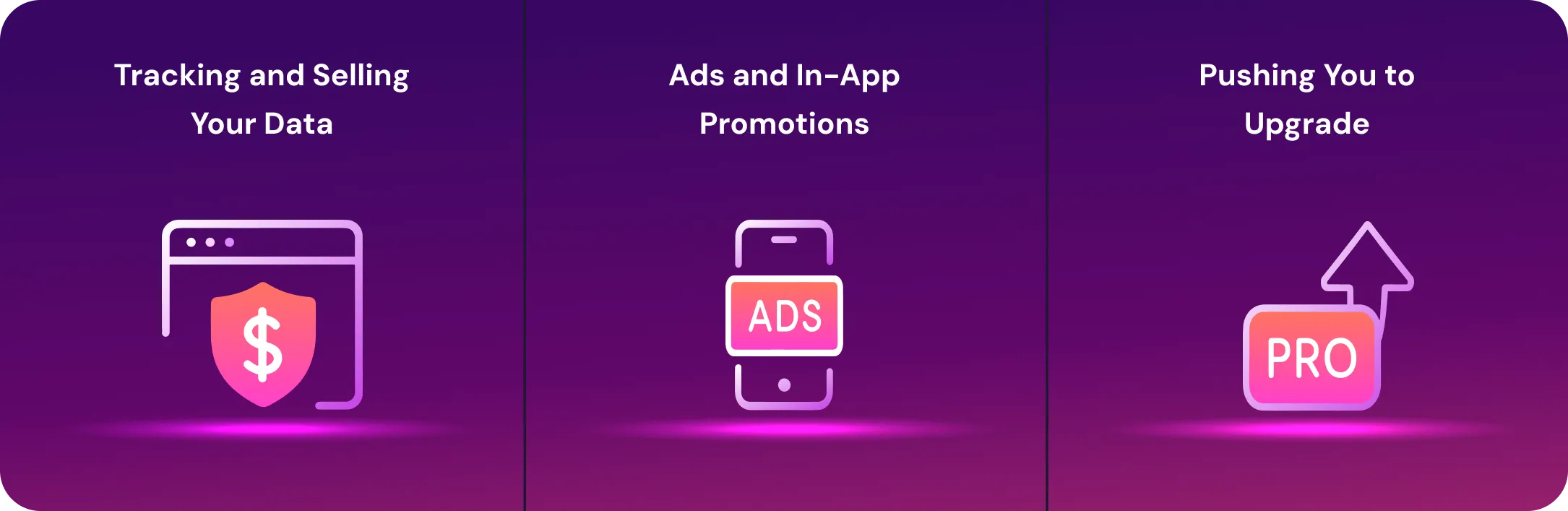 Image illustrating how free VPNs make money by tracking and selling data, using ads and in-app promotions, and pushing you to upgrade